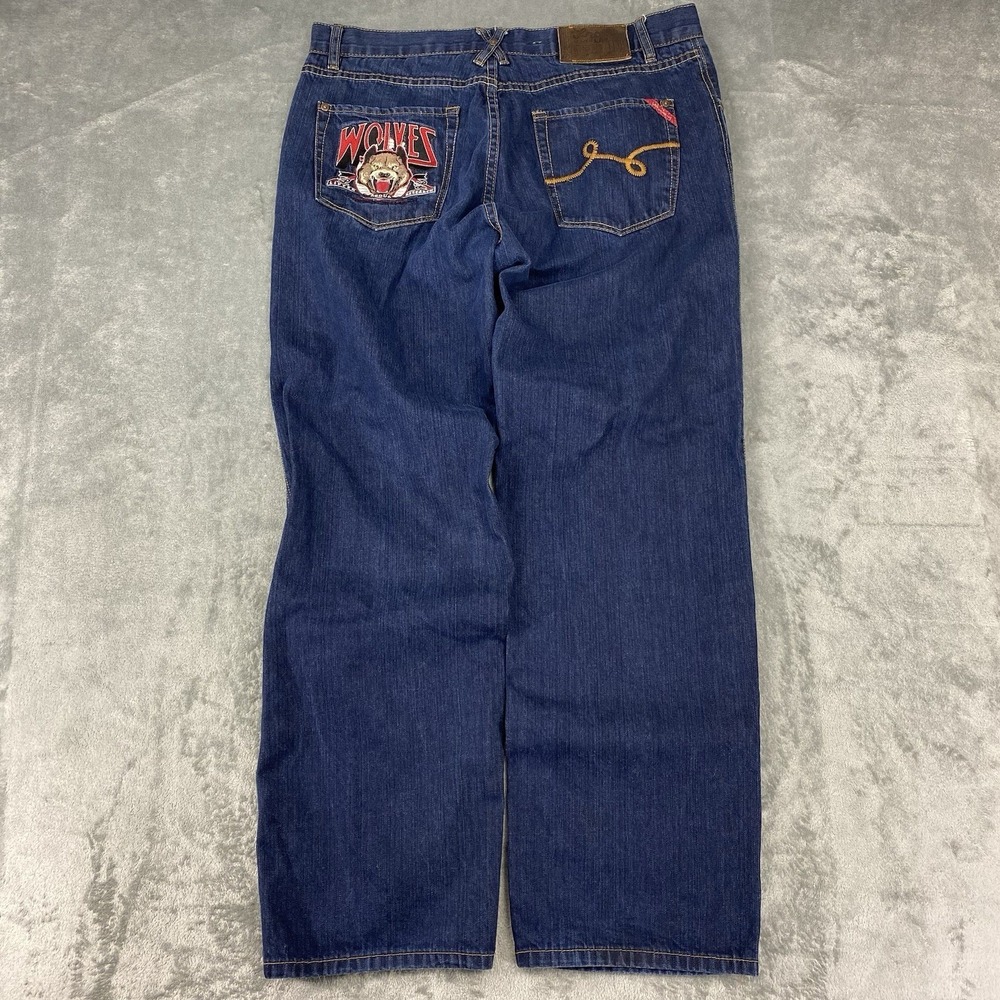 Vtg Lifted Research Group Jeans Mens 36x30.5 Blue Wolf Embroidered Y2K Baggy LRG - Picture 2 of 16